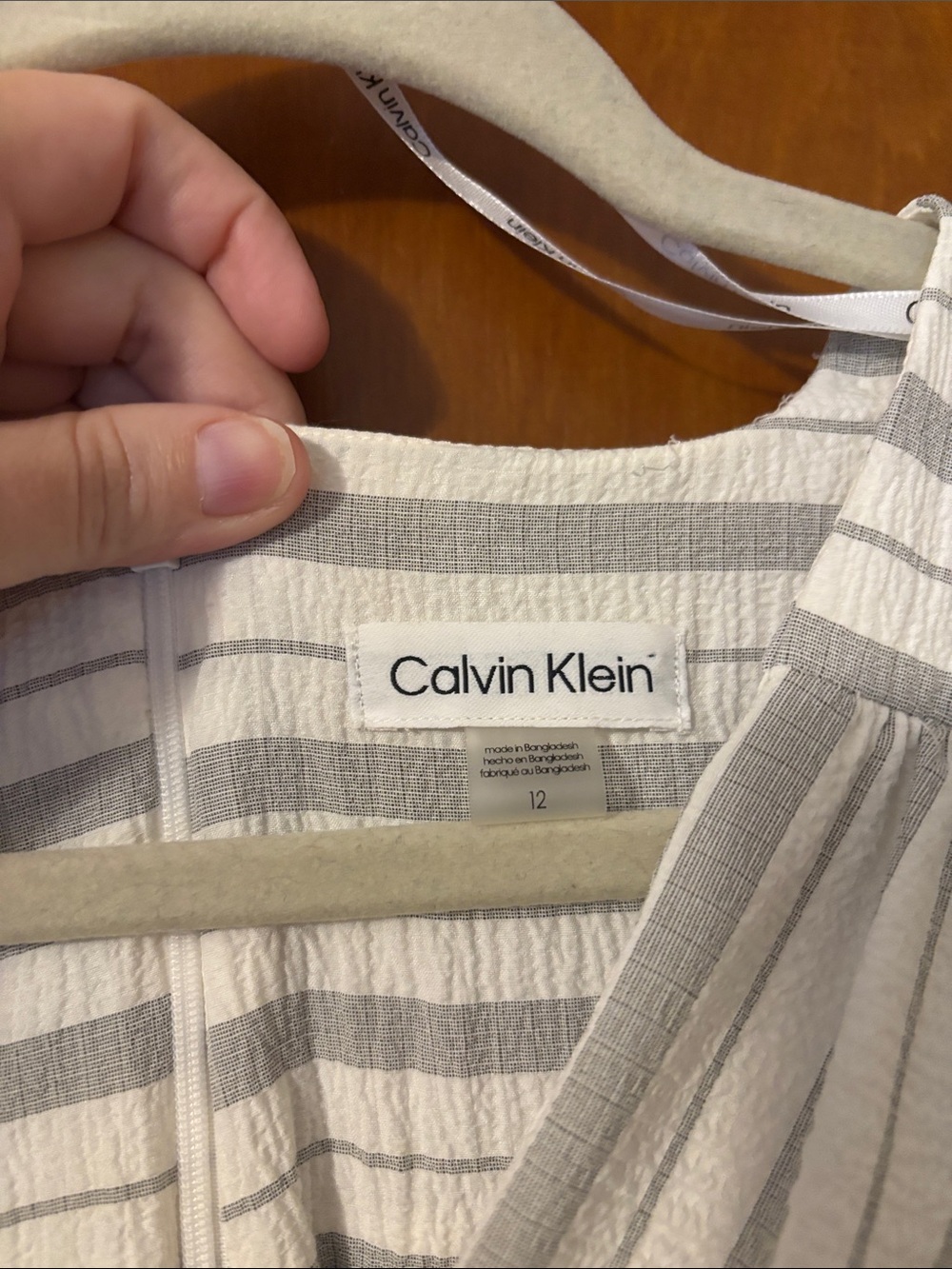 Calvin Klein Striped Wrap Midi Dress in Cream and Gray - Picture 2 of 3